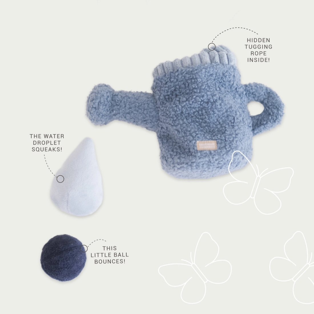 Lambwolf Watering Can // 3-in-1 activity toy with ball, rope and squeaker
