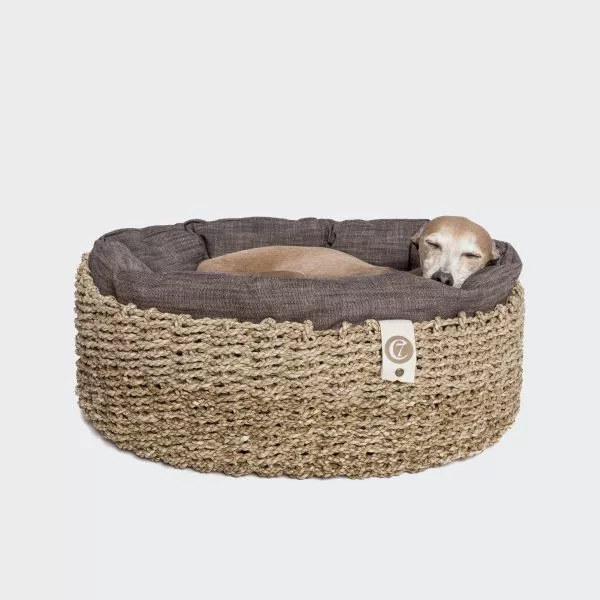 wicker dog basket with round cushion